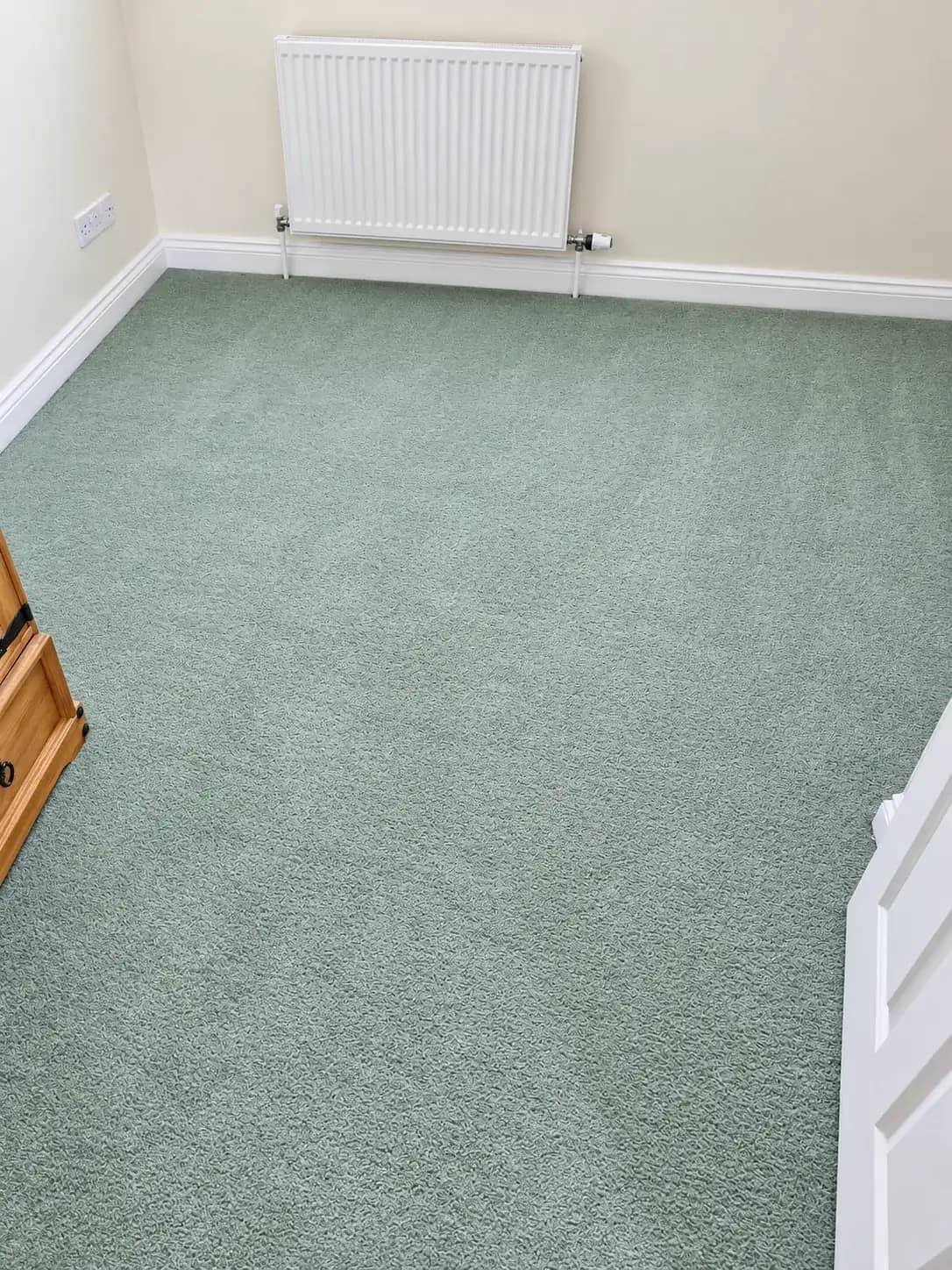A green carpet left clean through a bright room.