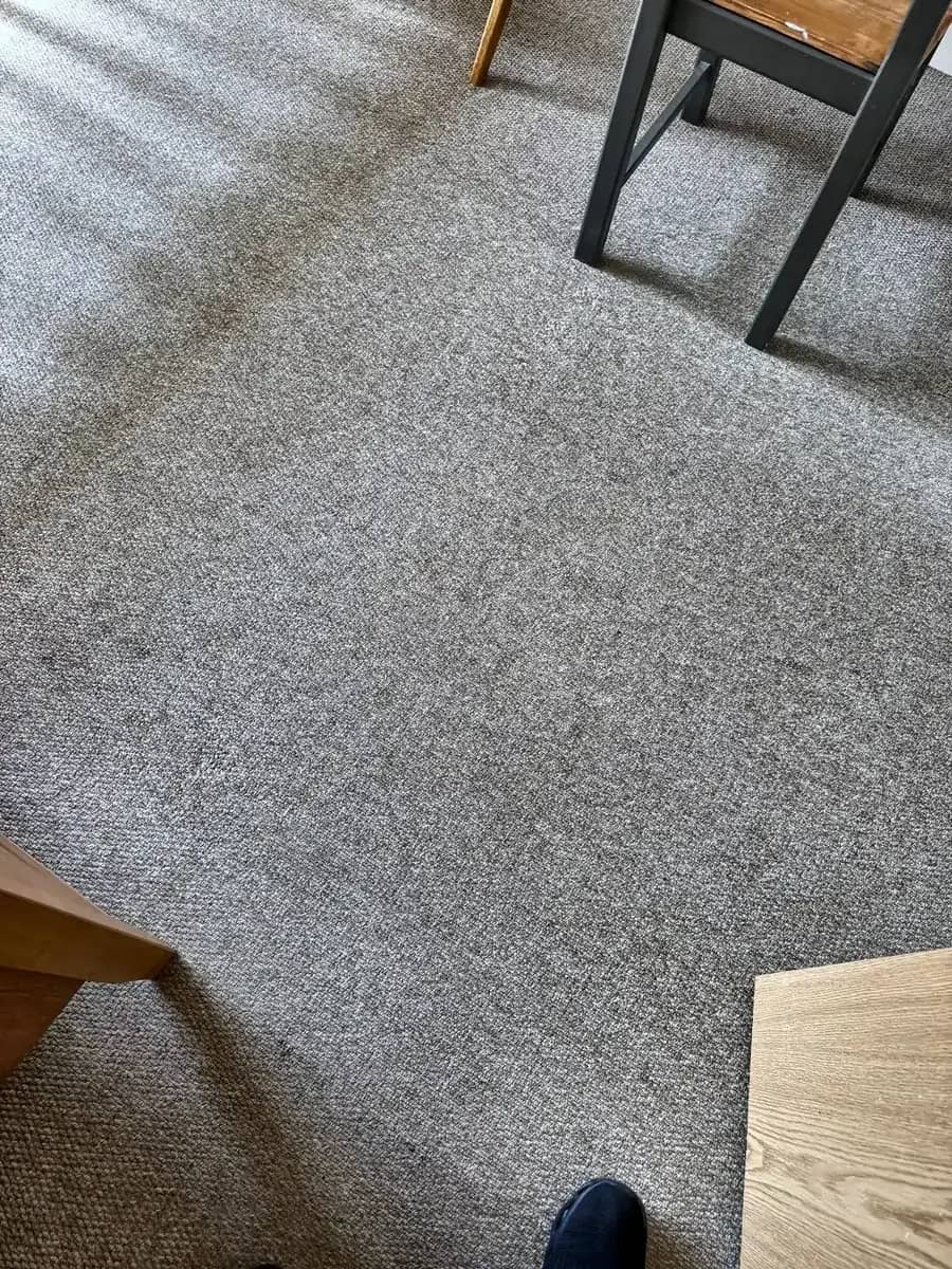 A grey carpet left clean around dining table and chair legs.