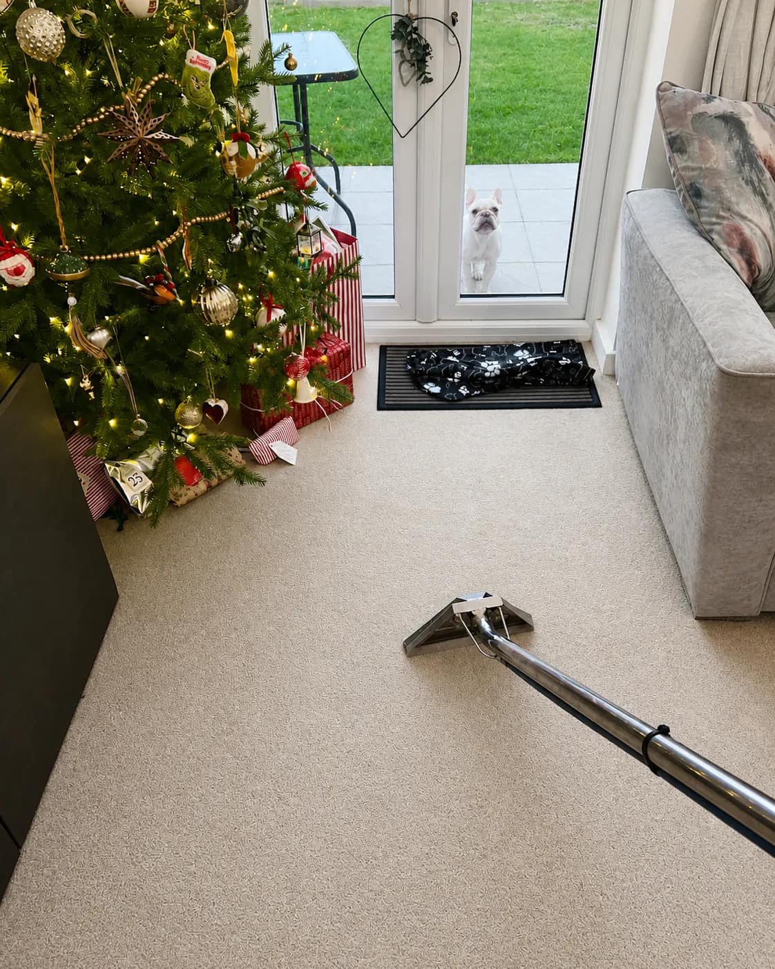 Living room carpet cleaning in progress beside patio doors and a sofa.